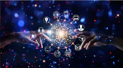 Hands touching global connection and icon customer networking data exchanges on glitter bright lights colorful background