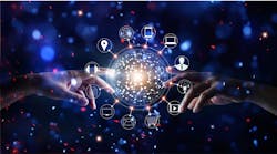 Hands touching global connection and icon customer networking data exchanges on glitter bright lights colorful background Hands touching global connection and icon customer networking data exchanges on glitter bright lights colorful background