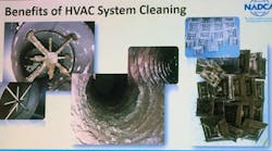 Photos show examples of dirt that accumulates inside ductwork.