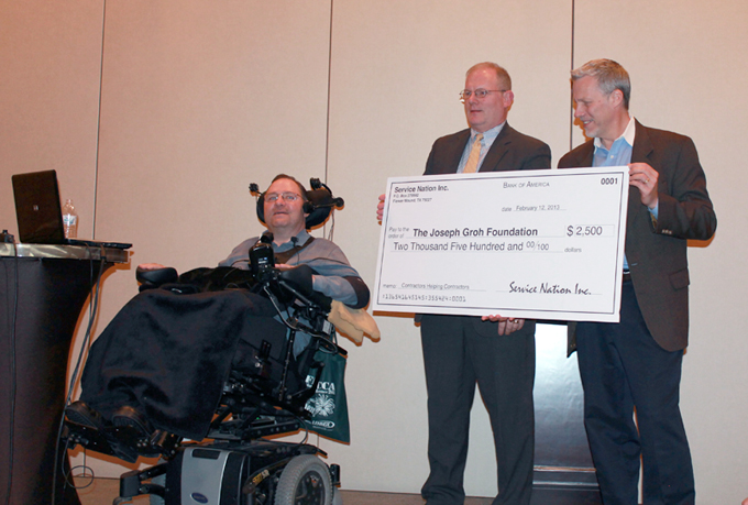 Joseph Grohe left receives a 2500 donation from the Service Roundtable for the Joesph Grohe Foundation wwwjosephgrohfoundationorg from Matt Michel middle and David Heimer The foundation is a nonprofit organization with the sole purpose of helpingmember of the HVAC and plumbing contrating industries who have suffered life altering experiences