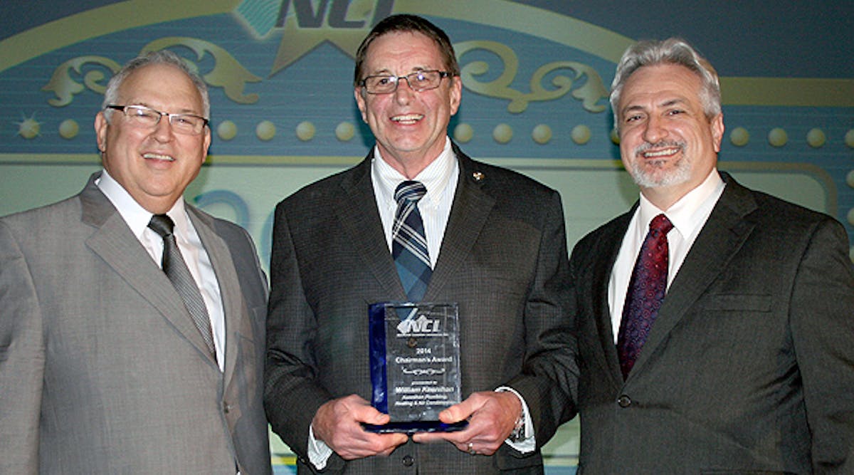 William Kennihan, Kennihan Plumbing, Heating &amp; AC (Center), accepts the NCI 2014 Chairman&rsquo;s Award from Rob Falke, NCI President, left, and Dominick Guarino, NCI Chairman/CEO (right).