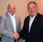 On March 25, the GEO board of directors unanimously elected Enertech Global President and CEO Steve Smith, left, as its chairman for 2014-15. Outgoing Chairman Tom Huntington of WaterFurnace congratulates Steve on his new leadership role.