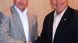 On March 25, the GEO board of directors unanimously elected Enertech Global President and CEO Steve Smith, left, as its chairman for 2014-15. Outgoing Chairman Tom Huntington of WaterFurnace congratulates Steve on his new leadership role.