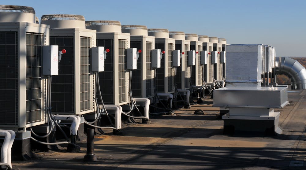 The 15 Mitsubishi R2 Series units on the roof of Towson City Center have freed up the 13th floor mechanical room, which is now used as the building&rsquo;s data center. Photo courtesy Mitsubishi.