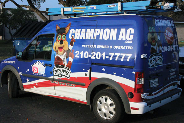 One of Champion ACrsquos service vans featuring the San Antonio Spurs mascot As a sponsor of the Spurs the company has its logo displayed inside the ATampT Center during NBA season