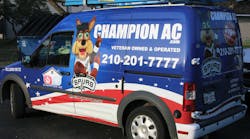 One of Champion AC&rsquo;s service vans, featuring the San Antonio Spurs mascot. As a sponsor of the Spurs, the company has its logo displayed inside the AT&amp;T Center during NBA season.