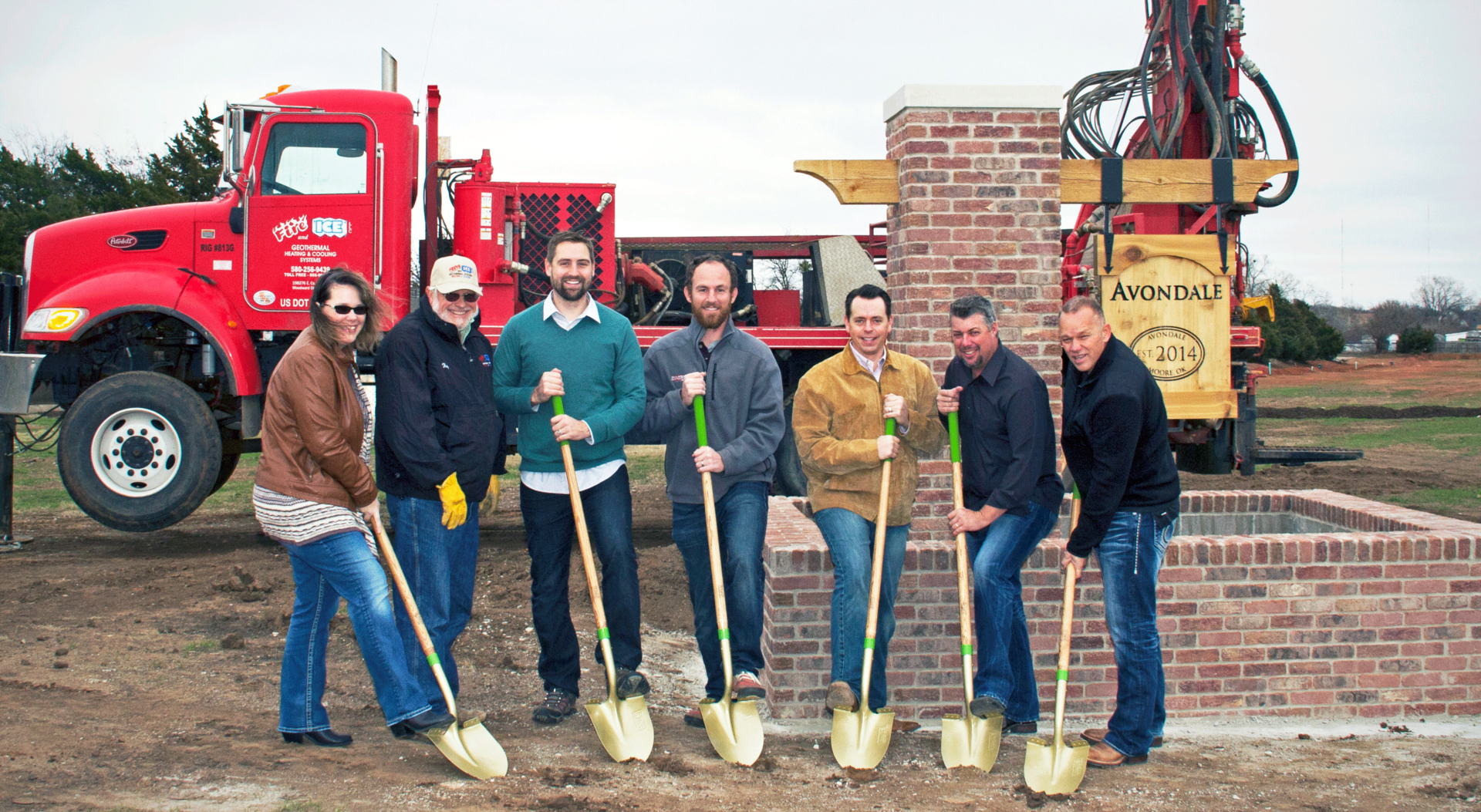 Digging in for the AvondaleMcAlister Construction groundbreaking are from left Sheri Rice and Ray Bayliff from geothermal drilling contractors Fire and Ice Josh Kitchen and Greg McAlister McAlister Construction Inc Titian Burris ClimateMaster Jason Hendrix Air Products Supply Rodney Hadley Hadley Heating amp Air the contractor that will be installing the systems