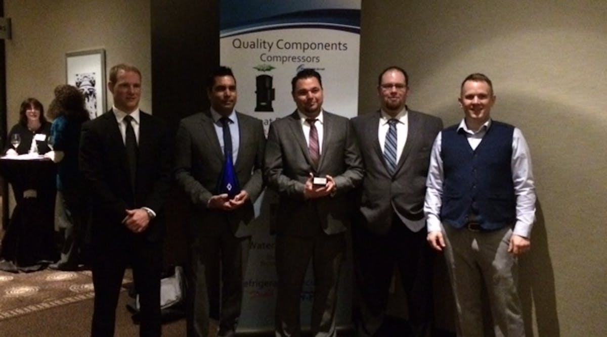 Pictured is the staff from HVAC Systems &amp; Solutions Ltd. in British Columbia, and along with Gil-Bar Industries (in New York City) took home the &apos;ClimaCool top sales performance for 2014&apos; from the reception. Names of winners left to right in photo: Andrew McKinney, Sales Engineer, Jeevan Thaker, Principal, co-owner, Glen Bereti, Sales Engineer, Wayne Clancy, Sales Engineer, Aaron Woods, Project Manager.