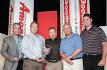 Pictured during the Harold V. Goodman Award presentation are, from left: Mark Dolan, Goodman, with Mike Monroe, Wally George, Rich Rivas, and Ryan Chamberlain of Thermal Supply.