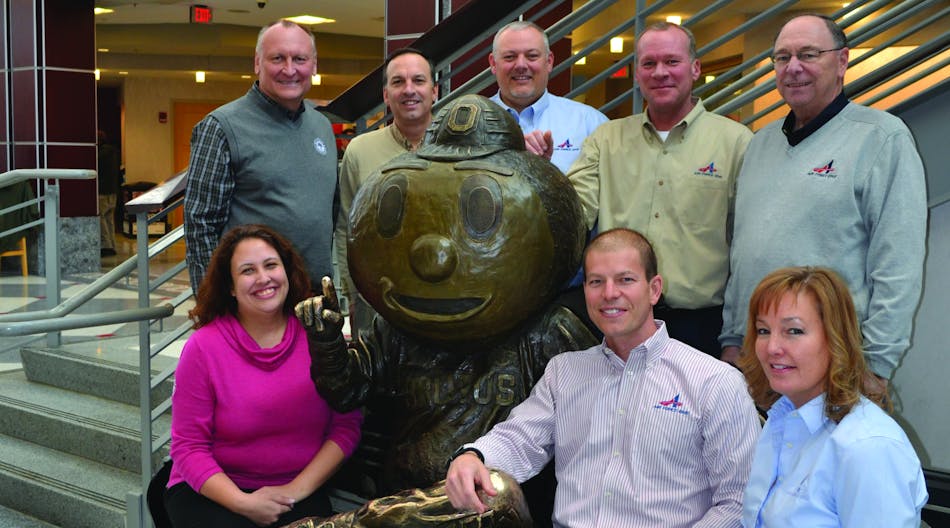 Back row from left: Mike Pitzo, Jeffrey Green, P.E., Richard Lane, Paul Postle, Mike Goodell. Front row, from left: Rachel Kutay, Brutus Buckeye, Greg Guy, and Michelle Lyke. Photo by Terry McIver