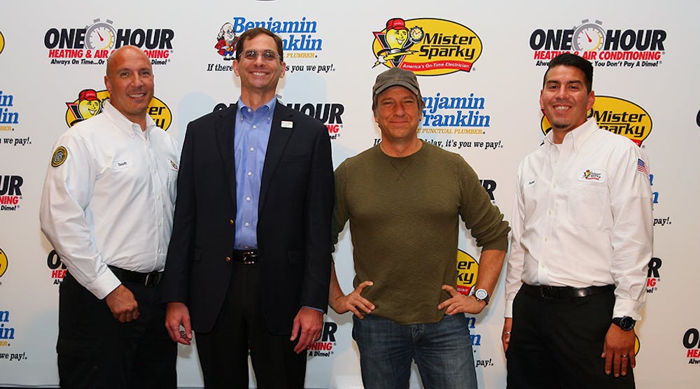 Pictured from left to right: Scott Groskranz, Mister Sparky electrician; Mark Baker, president of franchises for the three Direct Energy Services brands; Mike Rowe; and Pablo Becantur. Mister Sparky electrician.