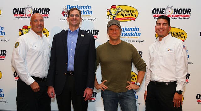 Pictured from left to right: Scott Groskranz, Mister Sparky electrician; Mark Baker, president of franchises for the three Direct Energy Services brands; Mike Rowe; and Pablo Becantur. Mister Sparky electrician.