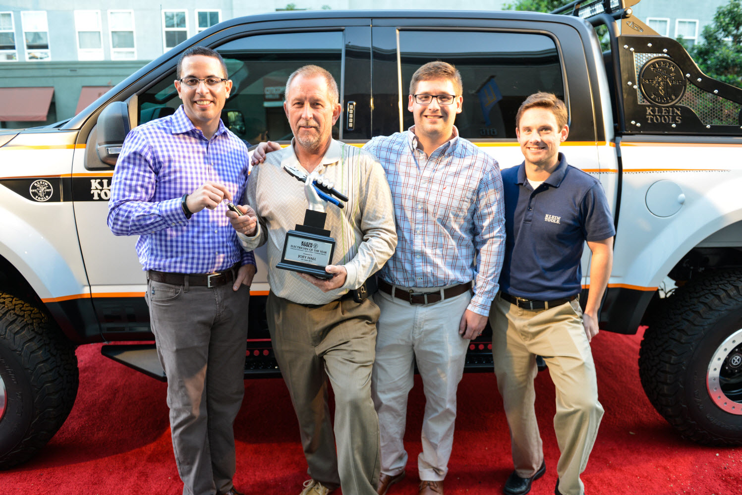 Mark Klein left president of sales amp marketing at Klein Tools Joey Hall the Klein Tools 2015 Electrician of the Year David Klein product manager at Klein Tools and Thomas R Klein Jr and president operations research amp development at Klein Tools