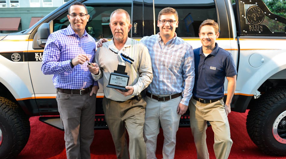 Mark Klein, left, president of sales &amp; marketing at Klein Tools, Joey Hall, the Klein Tools 2015 Electrician of the Year, David Klein, product manager at Klein Tools, and Thomas R. Klein Jr., and president operations research &amp; development at Klein Tools.