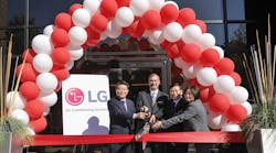 Serving as ribbon-cutters at the LG opening are, from left, Mr. William Cho, president, LG Electronics, USA; Kevin McNamara, senior vice president, LG Air Conditioning Systems; Mr. Hwan-Yong Nho, president/CEO, Air Conditioning &amp; Energy Solution Company; and Ellen Kim, senior vice president and AE leader for LG Electronics, USA. Photo: John Amis