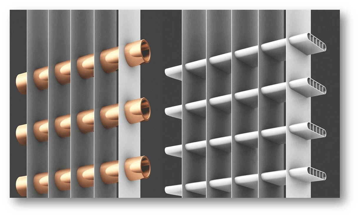 The HexiCoiltrade difference The unique fin design of the HexiCoil product shown at right along with its zinc outer coating provides superior water shedding capability and corrosion resistance prolonging the outdoor unitrsquos lifespan Traditional copper tube design at left Photo courtesy Mitsubishi Electric US Inc Cooling amp Heating Div