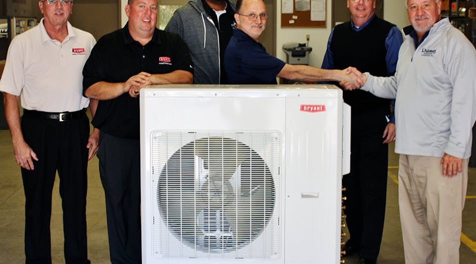 Shown at the donation of a Bryant ductless system are, from left: Jeff Poland, a Bryant Factory employee; John Taylor of Habegger; Billy Royal, MTI Director of Education; Mike Puckett, Lead HVAC Instructor; Rod Allee,Campus Director; and Jeff Chapman, Chapman Heating and Air Conditioning. Photo Bryant