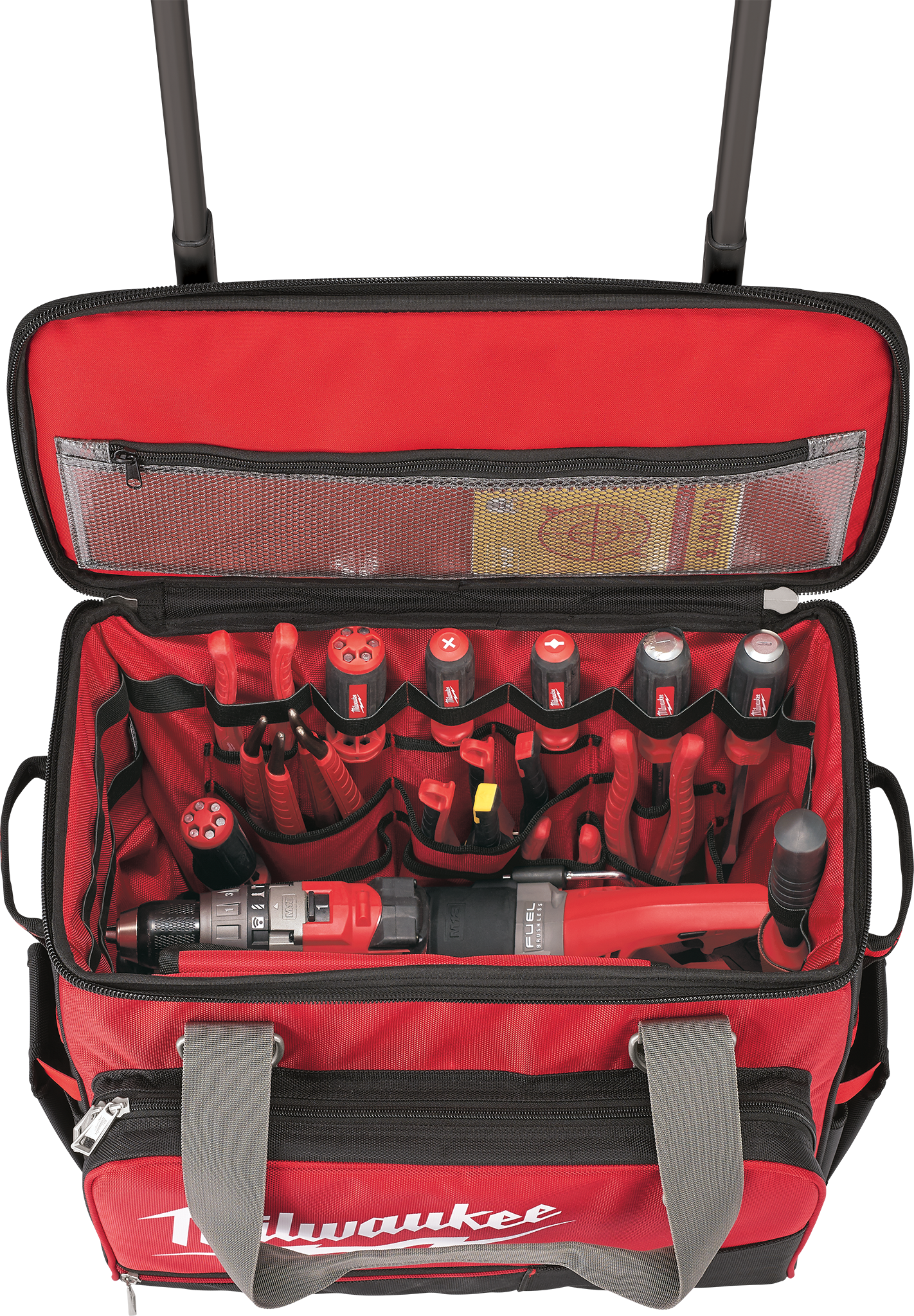 The main compartment provides a place to store larger tools while a folddown front portion of the bag reveals additional tool amp equipment storage pockets