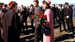 President John and and First Lady Jackie Kennedy arrive at Love Field on November 22, 1963 at the start, of what looked to be a fine day of speech-making and public appearances. The day ended in one of the worst tragedies in American history.