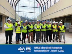 Members of the ASHRAE Building Ad Hoc Committee, form a letter 'A' as they gather to celebrate the groundbreaking of the renovation. ASHRAE 2019-2020 President Darryl Boyce, P.Eng., is at center. Members of the ASHRAE Building Ad Hoc Committee, form a letter 'A' as they gather to celebrate the groundbreaking of the renovation. ASHRAE 2019-2020 President Darryl Boyce, P.Eng., is at center.