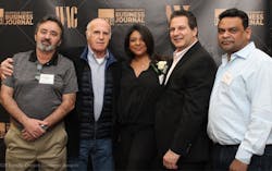 All Makes Heating and Cooling management team during 2020 Family Business Award presentation. From left to right are: Roger Mariusso (sales and director of electrical dept, he is also a master electrician); Saul Weinberg (vice president); Natalie Lloyd (general manager); Pat Morano (sales and director of piping dept., and also a master plumber); Mohan Persaud (sales and director of sheet metal dept.) All Makes Heating and Cooling management team during 2020 Family Business Award presentation. From left to right are: Roger Mariusso (sales and director of electrical dept, he is also a master electrician); Saul Weinberg (vice president); Natalie Lloyd (general manager); Pat Morano (sales and director of piping dept., and also a master plumber); Mohan Persaud (sales and director of sheet metal dept.)