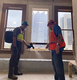 Workers disinfect work areas before and after working. Workers disinfect work areas before and after working.