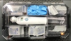 Thermometer kit for checking employee temperatures. It includes alcohol wipes and gloves. Thermometer kit for checking employee temperatures. It includes alcohol wipes and gloves.