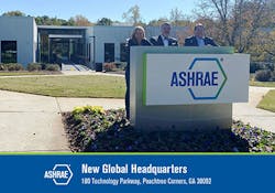 From left at the new ASHRAE HQ: ASHRAE Building Ad Hoc Committee Chair Ginger Scoggins, P.E. ; 2020-21 ASHRAE President Charles E. Gulledge III, P.E. ; and ASHRAE Executive Vice President Jeff Littleton.