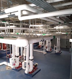 Section of the mechanical room that serves the new, net-zero energy ASHRAE headquarters building in Peachtree Corners, Ga.
