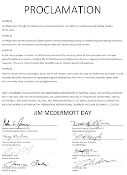 The Proclamation of December 15th as &apos;Jim McDermott Day&apos; in the HVACR Industry.