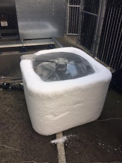 Required evaporator temperature is often well below the freezing temperature of water (32 degrees F; 0 degrees C), which means that ice can build up on the coils and prevent the movement of air and heat into the refrigerant. Required evaporator temperature is often well below the freezing temperature of water (32 degrees F; 0 degrees C), which means that ice can build up on the coils and prevent the movement of air and heat into the refrigerant.