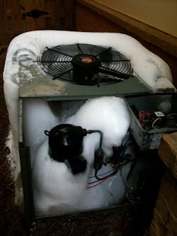 Cutaway view of a seriously frozen-over heat pump. Cutaway view of a seriously frozen-over heat pump.