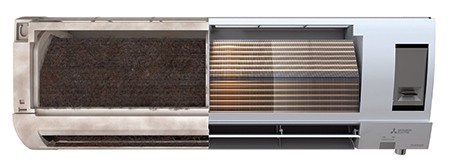 Photo shows 10 years of build-up on an improperly-maintained unit versus a clean unit, protected with Dual Barrier Coating.