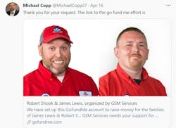 Twitter posting by Michael Copp calls attention to the GoFundMe account established for the families of Robert Shook, left, and James Lewis. Twitter posting by Michael Copp calls attention to the GoFundMe account established for the families of Robert Shook, left, and James Lewis.