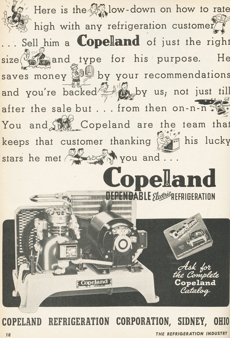 A Copeland ad from 1945, as it appeared in &apos;The Refrigeration Industry&apos; magazine, the precursor to Contracting Business.