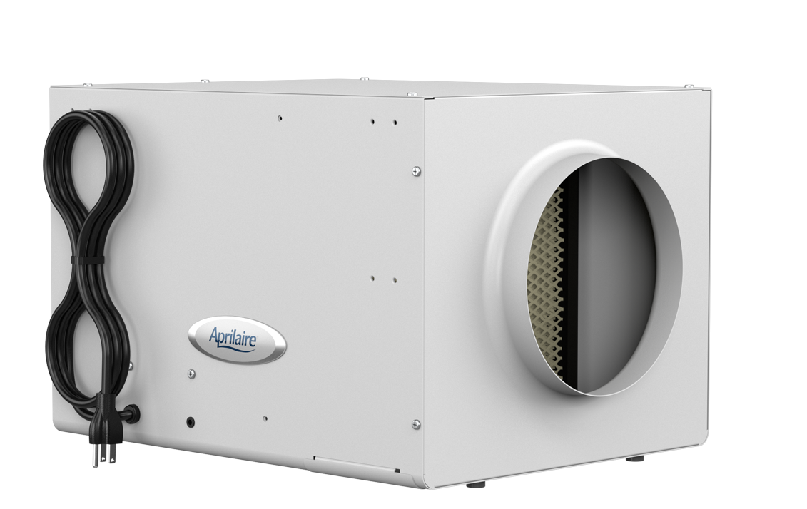 This self-contained evaporative humidifier draws air through an evaporative water panel and the unit puts out 13 gallons per day.