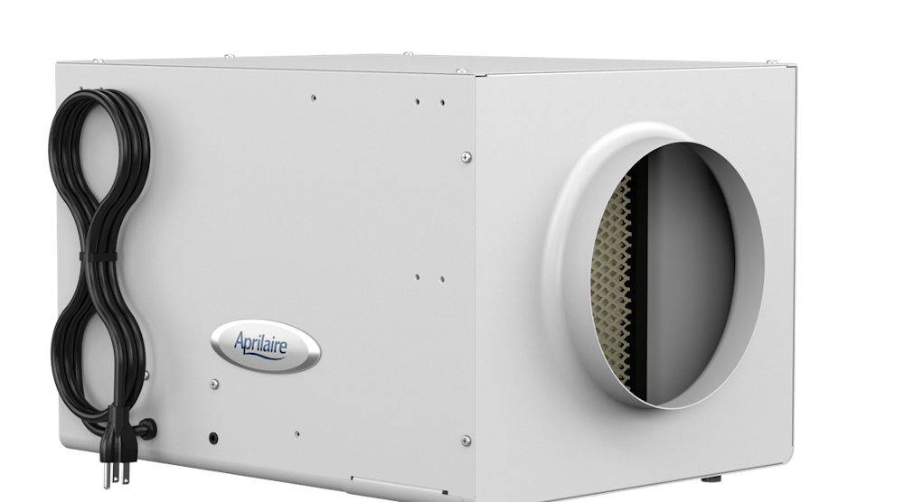This self-contained evaporative humidifier draws air through an evaporative water panel and the unit puts out 13 gallons per day.