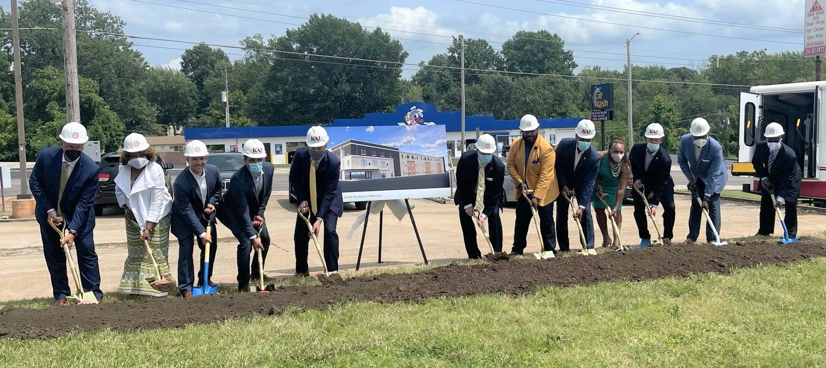Representatives from KAI Enterprises and the Urban League of Metropolitan St. Louis break ground for the Senior Apartments and Community Center. Those present included KAI CEO Michael Kennedy, Jr.; Urban League President & CEO Michael P. McMillan; St. Louis County Executive Sam Page; St. Louis County Council Chair Rita Heard Days; City of Dellwood Mayor Reggie Jones; and Missouri State Senator Brian Williams.