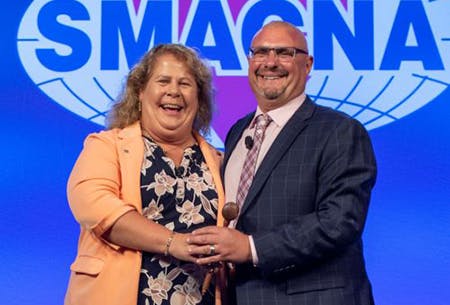 Al LaBella, with SMACNA President Angie Simon. In his new role as president, LaBella will pursue workforce development initiatives and use his platform to spotlight the importance of educational resources and tools to help contractors thrive within the industry.