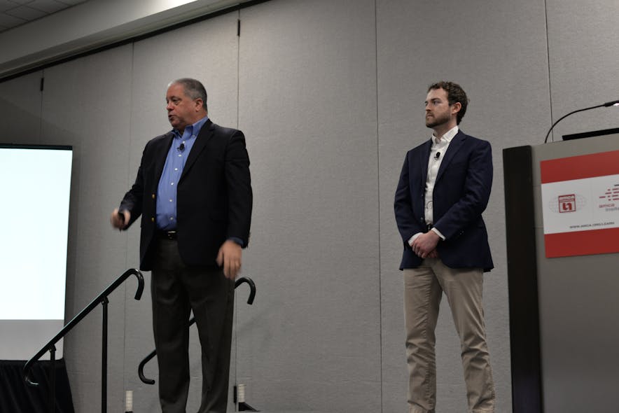 Dave Morrow (left), managing partner at Applied Marketing Knowledge, and Aaron Gunzer, AMCA&rsquo;s senior manager of advocacy, brief AHR Expo 2022 attendees on VRF growth.