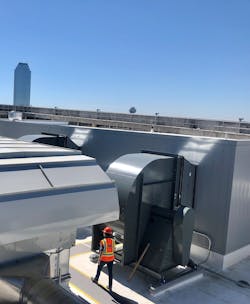The TDIndustries team installed three 300-ton chillers on the building’s roof. The TDIndustries team installed three 300-ton chillers on the building’s roof.