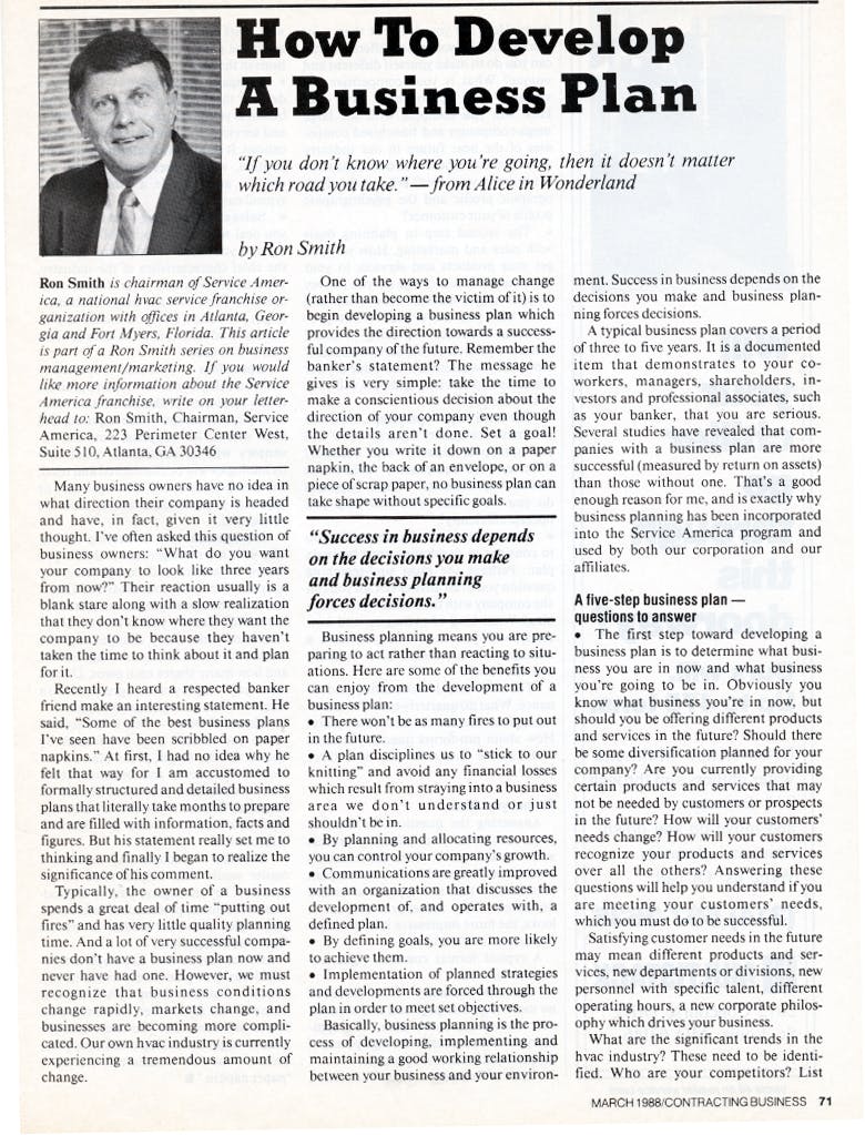 Ron Smith began writing for Contracting Business in 1985. Even this article on developing a business plan from 1988 still has value, because it came from Ron.