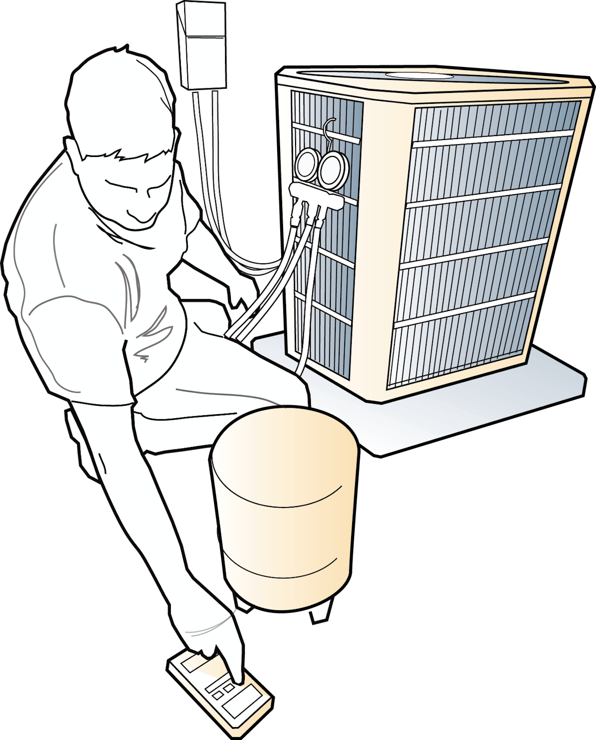 Make sure you have the necessary tools and measurements before randomly adjusting the refrigerant charge. Can you identify the essential test instruments missing from this illustration?