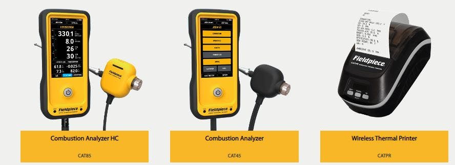 The new Fieldpiece combustion analyzers with wireless thermal printer.