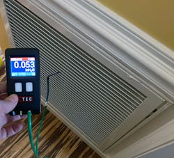 Measuring the return air filter grille pressure drop reveals much about the filter’s condition. Pressure drops that look too good to be true can indicate a bigger problem, such as duct leakage. Measuring the return air filter grille pressure drop reveals much about the filter’s condition. Pressure drops that look too good to be true can indicate a bigger problem, such as duct leakage.