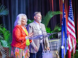 Vicki LaPlant and Ken Goodrich spoke on behalf of the Joseph Groh Foundation. Service World Expo attendees pledged $60,000 for the Foundation, which was matched by Goodrich, CEO of Goettl Air Conditioning. Vicki LaPlant and Ken Goodrich spoke on behalf of the Joseph Groh Foundation. Service World Expo attendees pledged $60,000 for the Foundation, which was matched by Goodrich, CEO of Goettl Air Conditioning.