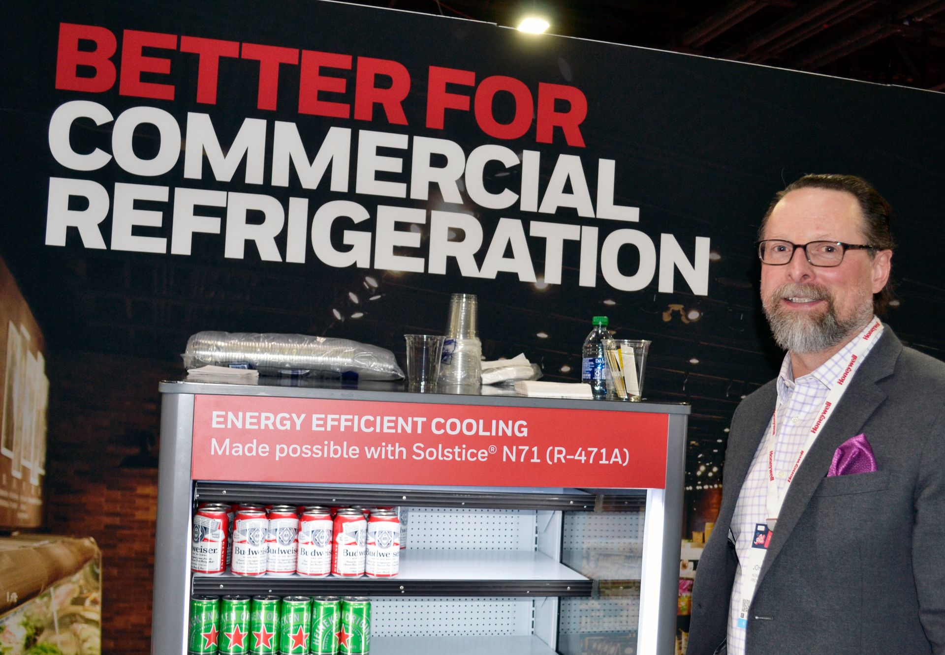 John Keating at 2023 AHR Expo. Honeywell will be supplying stores with Solstice N71 (R-471A) for use in smaller coolers as well as entire-store refrigerant solutions.