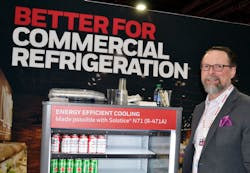 John Keating at 2023 AHR Expo. Honeywell will be supplying stores with Solstice N71 (R-471A) for use in smaller coolers as well as entire-store refrigerant solutions. John Keating at 2023 AHR Expo. Honeywell will be supplying stores with Solstice N71 (R-471A) for use in smaller coolers as well as entire-store refrigerant solutions.