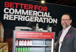 John Keating at 2023 AHR Expo. Honeywell will be supplying stores with Solstice N71 (R-471A) for use in smaller coolers as well as entire-store refrigerant solutions. John Keating at 2023 AHR Expo. Honeywell will be supplying stores with Solstice N71 (R-471A) for use in smaller coolers as well as entire-store refrigerant solutions.
