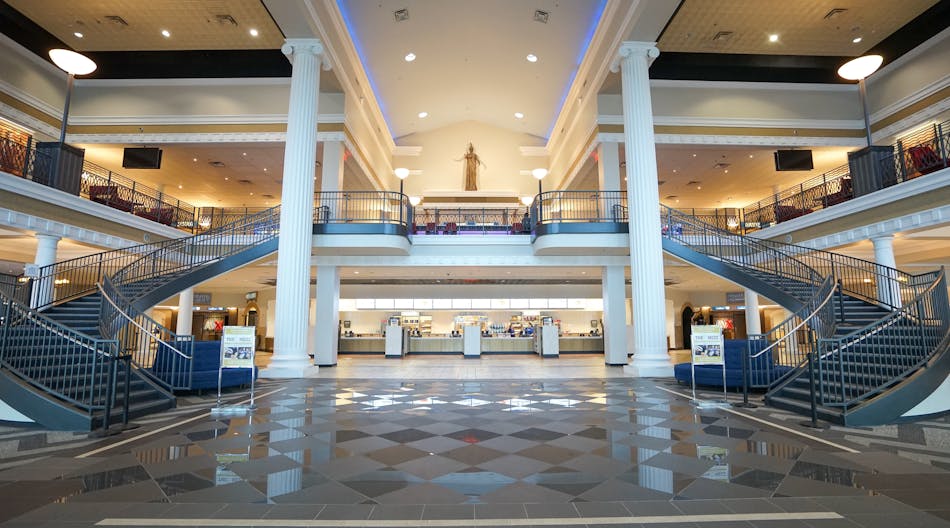 Lobby of the Santikos movie center illustrates the large area that is to be temperature controlled.